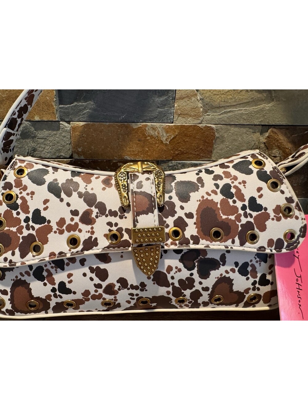 Betsy Johnson Rare Western Cow Heart Print Buckle Shoulder Cowboy Bag Purse NEW